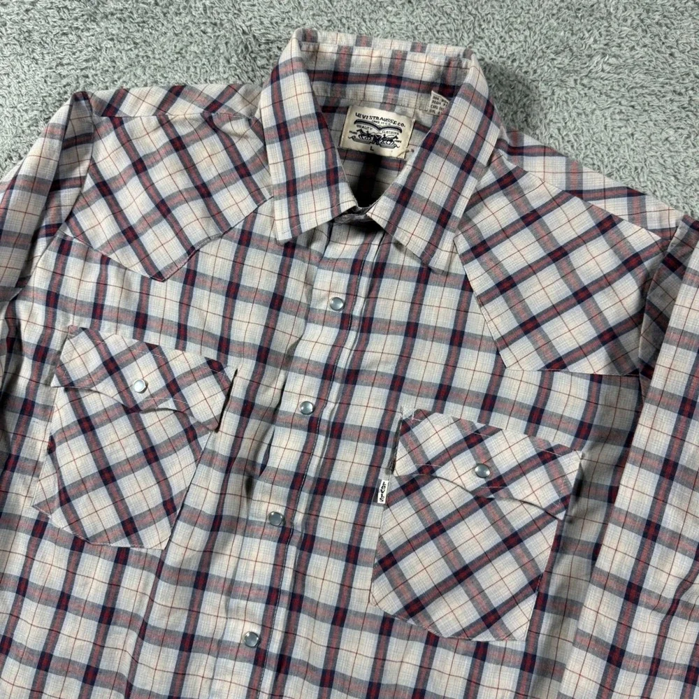 VTG Levi's Western Snap Shirt Paper Thin Men Large White Plaid Pearl Snap LS